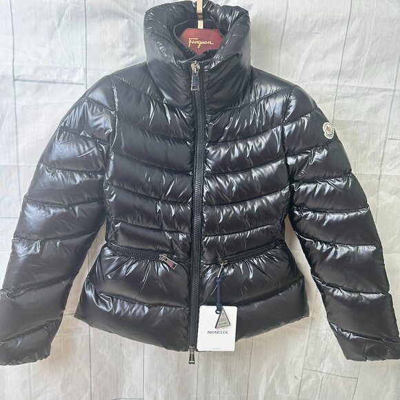 Moncler Black Shiny Quilted Puffer Jacket - Women’s Cinched Waist, High Collar - Picture 1 of 8